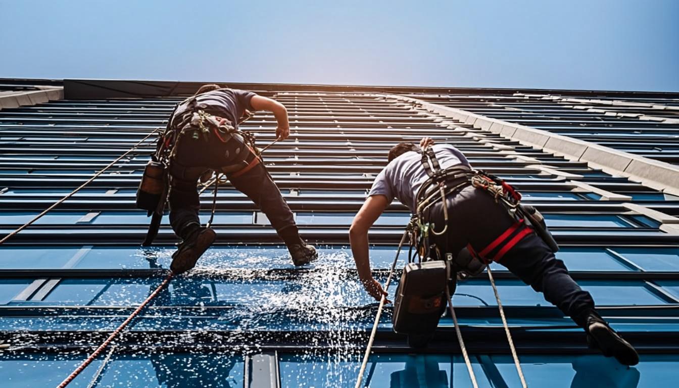 Equipe de trabalho em altura em fachada de edifício